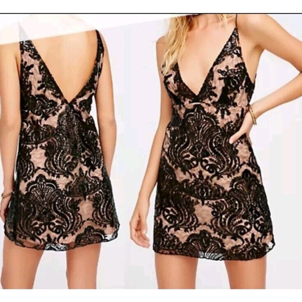 Free People 10 Women Black Sequined Lace Party Formal Night Shimmers Mini Dress - Picture 16 of 16